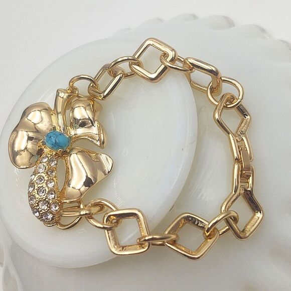 Funky Vintage Goldtone Rhinestone & Faux Turquoise Flower Bracelet - Picture 2 of 7